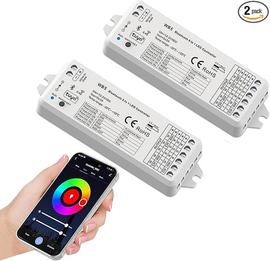 (2 Pack) 5in1 WB5 LED Controllers Bluetooth Control 2.4GHz Dimmable CCT RGB RGBW RGBCCT COB LED Strips - Compatible with Tuya App Echo Alexa Google Home Voice Control