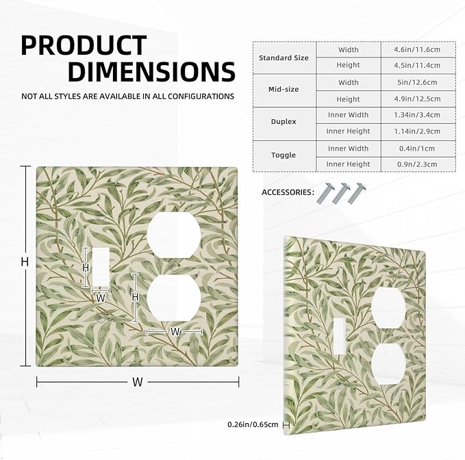 Decorative Outlet Covers Morris Green Willow Leaf Olive Leaves 2 Gang Wall Plate Cover Single Toggle Duplex Combo Two Switch Light Switch Cover Plate Jumbo Dual GFCI Faceplate