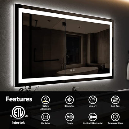 ROOMTEC 48X30 Inch Led Mirror for Bathroom,Backlit Lighted,Anti-Fog, Dimmable, Vertical & Horizontal Mount (Square-48 * 30",Frosted), Silver