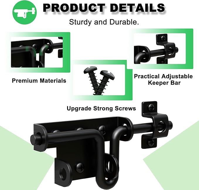 Heavy Duty Slide Bolt Gate Latch for Wooden Fence, 2 Way Barn Door Latch with Padlock Hole, Offset and Flush Mounted Gate Latch for Outdoor Gates/Yard Fence/Shed Door, Black, 3 Pack