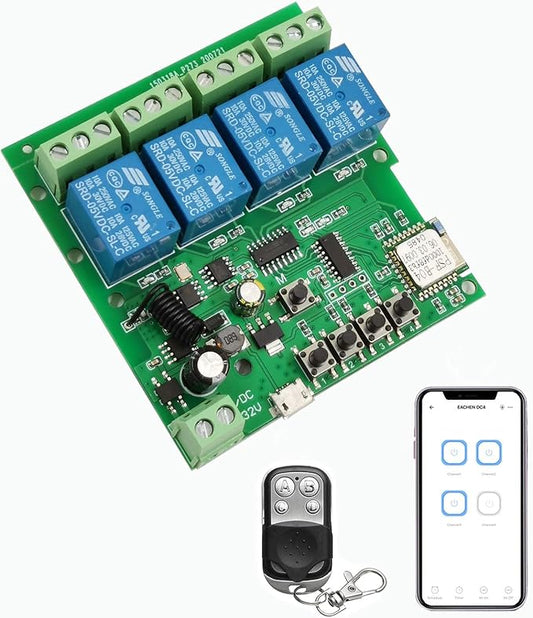 4 Channels WiFi Wireless Smart Switch Inching Self-Locking Relay Module,for DIY Access Control, Garage Door Opener with 433RF Remote Control （Ewelink App）