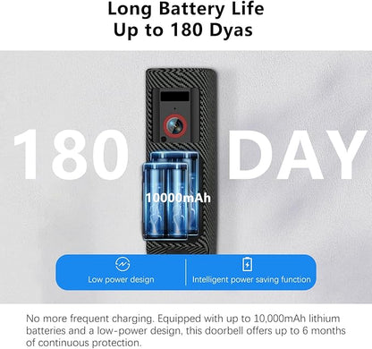 Video Doorbell Camera Wireless with Charm, HD Camera, Real-Time Alerts Ring Call, Pan Rotate, AI Detection, Power Battery, Home Security Apartment Camara para Puerta, 2.4G WiFi, Carbon Fiber