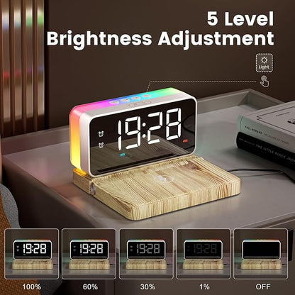 Alarm Clocks for Bedrooms with Wireless Charger Station, Bluetooth Speaker, Woodgrain, White Noise Sound Machines, RGB Night Lights, Ideal Gift for Adult Man Women Teen Girls Boys