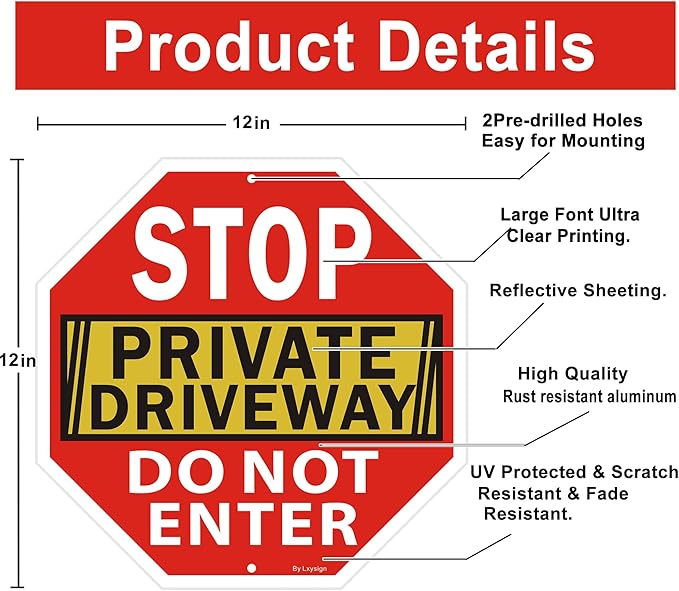 Stop Sign, Do Not Enter Private Driveway Sign, 12" x 12" x 0.04" Reflective Aluminum sign, Fade Resistant Durable UV and Octagon Shaped, Easy Mounting 2Pack