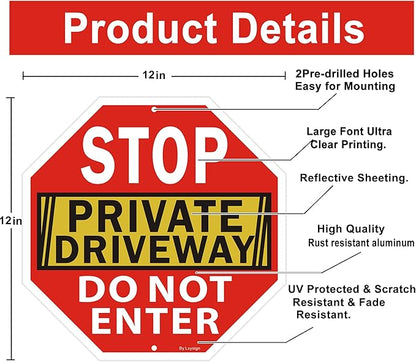 Stop Sign, Do Not Enter Private Driveway Sign, 12" x 12" x 0.04" Reflective Aluminum sign, Fade Resistant Durable UV and Octagon Shaped, Easy Mounting 2Pack