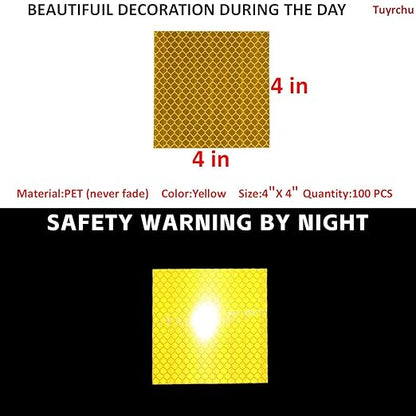 Non Fading Yellow Reflective Stickers 4 inch X 4 inch, Outdoor Waterproof High Visibility Warning Safety Adhesive Reflector Tape (100 Pcs)