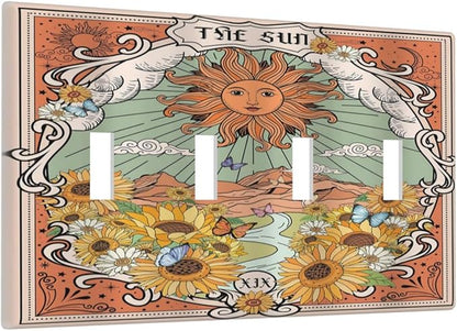Boho Retro Sun Sunflower Vintage Flower Butterfly Light Switch Covers Quad Toggle Electrical Faceplate 4 Gang Wall Plate Decorative Switch Plates for Farmhouse Home Decor
