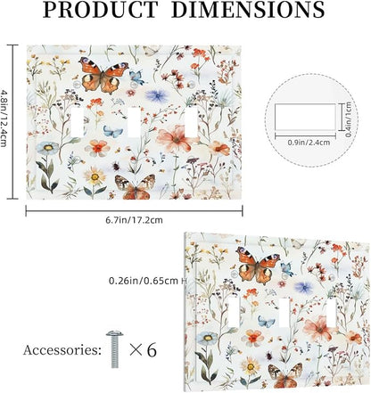 Decorative Switch Plates Butterfly Floral Boho Multicolor Flower Leave 3 Gang Wall Plate Triple Toggle Light Switch Cover Faceplate Electrical Wall Panels for Bed Room living Room Decor