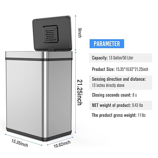 50L / 13 Gallon Smart Automatic Trash Can with Deodorizer Compartment, Stainless Steel Body and Mute Sensor Lid for Kitchen Office Living Room and More, Assemble Large Capacity Garbage Can - Silver
