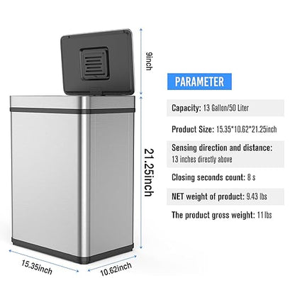 50L / 13 Gallon Smart Automatic Trash Can with Deodorizer Compartment, Stainless Steel Body and Mute Sensor Lid for Kitchen Office Living Room and More, Assemble Large Capacity Garbage Can - Silver