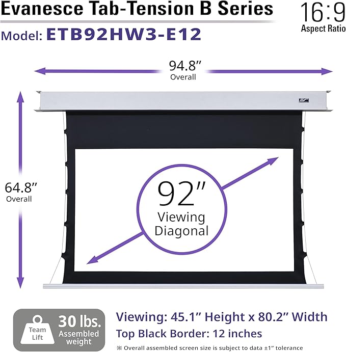 Elite Screens Evanesce Tab-Tension B, 92-inch 16:9, 4K / 8K HD, Recessed in-Ceiling Electric Tab Tensioned Projector Screen, Matte White Projection Screen Surface Programmed Remote Kit, ETB92HW3-E12