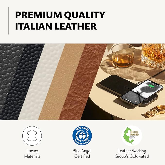 Courant Catch:2 Classics - Italian Leather Dual Wireless Charging Pad - Compatible with iPhone 11, X, SE, Galaxy S23, S22, S21, S20, Note, AirPods, AirPods Pro (Black)