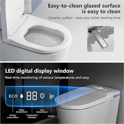 TDH Smart Toilet,One Piece Bidet Toilet for Bathroom,Toilet with Fahrenheit LED Display,Aromatherapy Tablet,Foot Sensor Operation & Auto Flush,Warm Water & Dry Function,Round Bidet Toilet Seat