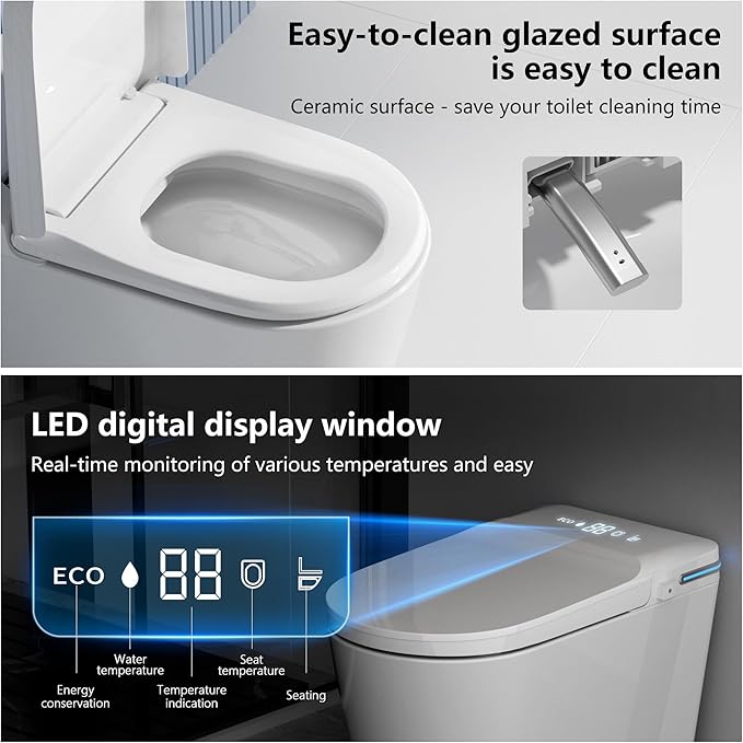 TDH Smart Toilet, Heated Toilet Seat with Warm Water Sprayer & Dryer, Aromatherapy Tablets,Foot Sensor Operation, Round Toilet Seat, Night Light, Remote Control