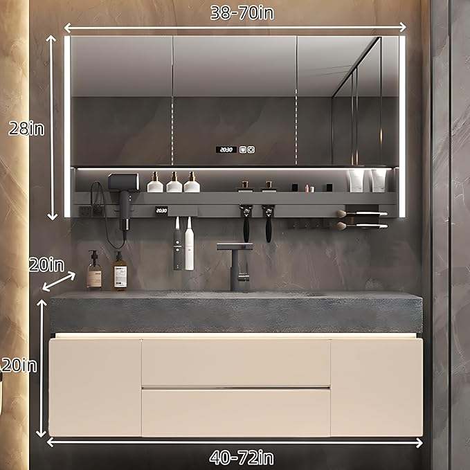 Modern Bathroom Vanity – Cabinet Set with LED Smart Defogging Mirror & Time Display | Bathroom Vanity with Sink, Large Space Storage with Easy Installation, 2 Drawers (Cream, 72IN)