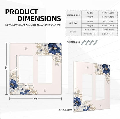 Decorative Outlet Covers Rustic Blue White Flowers Floral Penoy 2 Gang Wall Plate Double Rocker Two Switch Wall Cover Plate Jumbo Dual GFCI Face Plate for Bedroom Decor