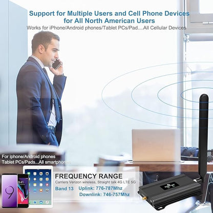 Cell Phone Booster for Home and Office | 65dB High-Gain Amplifier for Verizon Band 13 5G & 4G LTE | Boosts Signal for Data Carriers Up to 4000 Sq.Ft | FCC Certified