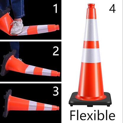 (4 Pack) 28 Inch Traffic Cones,PVC Construction Safety Parking Road Cones w/Reflective Collar, Heavy Duty Base for Traffic Control, Parking Lots and Roadwork, Weatherproof
