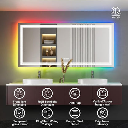 77x36 Inch RGB LED Bathroom Mirror with Lights, Color Changing RGB Backlit LED Mirror for Bathroom,Lighted Vanity Mirrors for Bathroom Wall, Dimmable, Anti-Fog (RGB Backlit+Front-Lit)