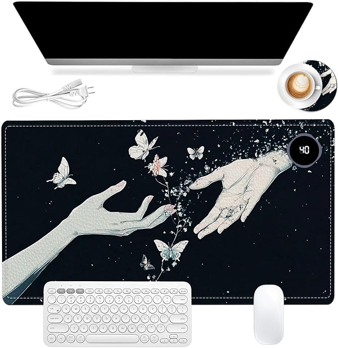 Heated Mouse Pad 23.6 x 14 in 3-Temp Fast Heating Desk Mat with Auto Timer Warmer for Hands Wrist Pain Relief Waterproof Keyboard Mat for Office, Gaming, Home, Butterfly Hands Art
