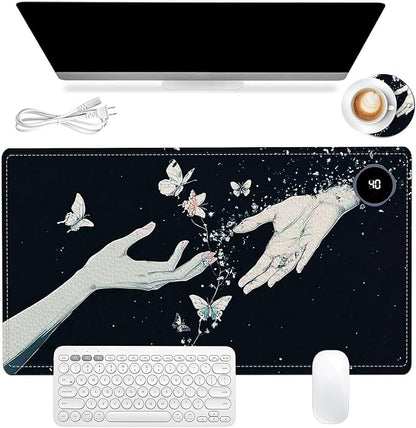 Heated Mouse Pad 23.6 x 14 in 3-Temp Fast Heating Desk Mat with Auto Timer Warmer for Hands Wrist Pain Relief Waterproof Keyboard Mat for Office, Gaming, Home, Butterfly Hands Art