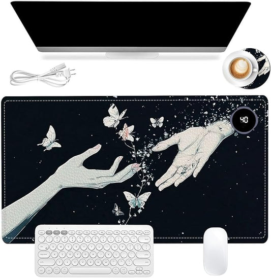 Heated Mouse Pad 23.6 x 14 in 3-Temp Fast Heating Desk Mat with Auto Timer Warmer for Hands Wrist Pain Relief Waterproof Keyboard Mat for Office, Gaming, Home, Butterfly Hands Art