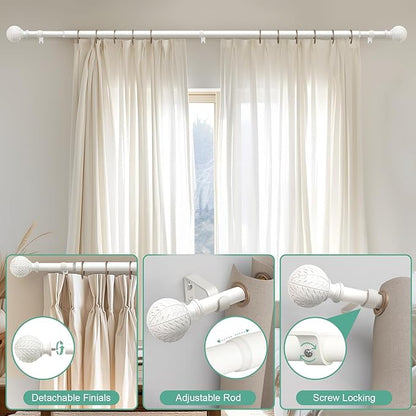 Antique White Ball Curtain Rods for Windows 28 to 48 Inch,1 Inch Heavy Duty Adjustable Curtain Rod,Boho Decorative Drapery Rods Set with Brackets,Size:18''-60''