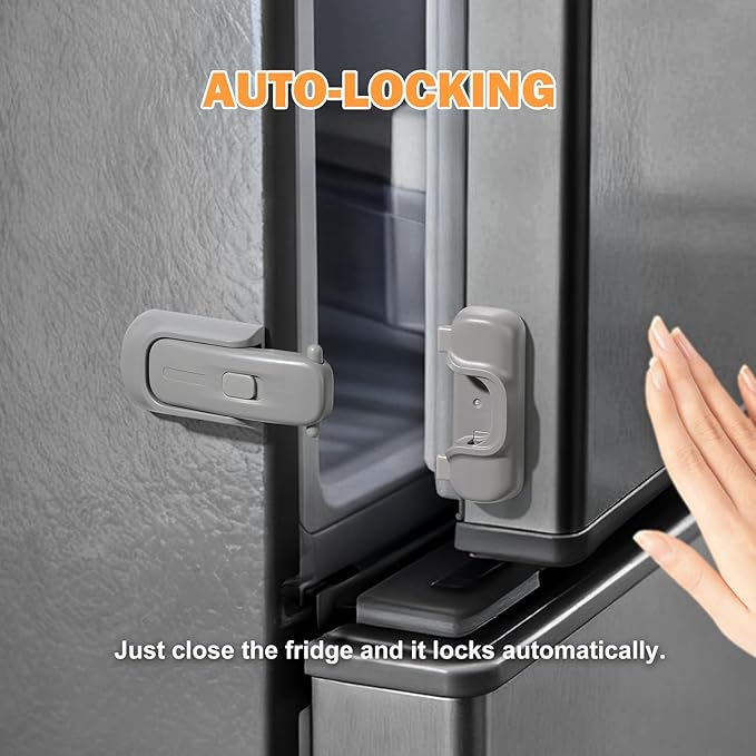 CLYMENE Child Proof Fridge Lock, Auto-Locking Refrigerator Door Latch with One-Hand Operation | No Keys or Straps | Keeps Freezer Secure from Kids & Pets – Grey