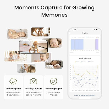 Monai Baby Monitor with Camera and Audio, 3K UHD, 6X Zoom, WiFi Video Monitor for Room or Travel, Pan 350° Tilt 65°, AI Cry Detection, Virtual Fence, Face-Cover Alerts, Sleep Monitoring, Night Vision