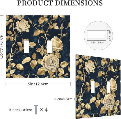 Decorative Switch Plates Boho Vintage Floral Golden Flower Dark Blue Background 2 Gang Double Toggle Outlet Light Switch Cover Wall Plate Electrical Faceplate for Bedroom living Room Decor