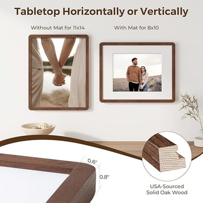 11x14 Picture Frame, Solid Oak Wood Frame 11 x 14 for Wall, Rustic Wooden Frames 11 by 14 with Tempered Glass, 11x14 Frame with Mat for 8x10, Home Decor Photo Frames 11"x14", Walnut Color, 1 Pack