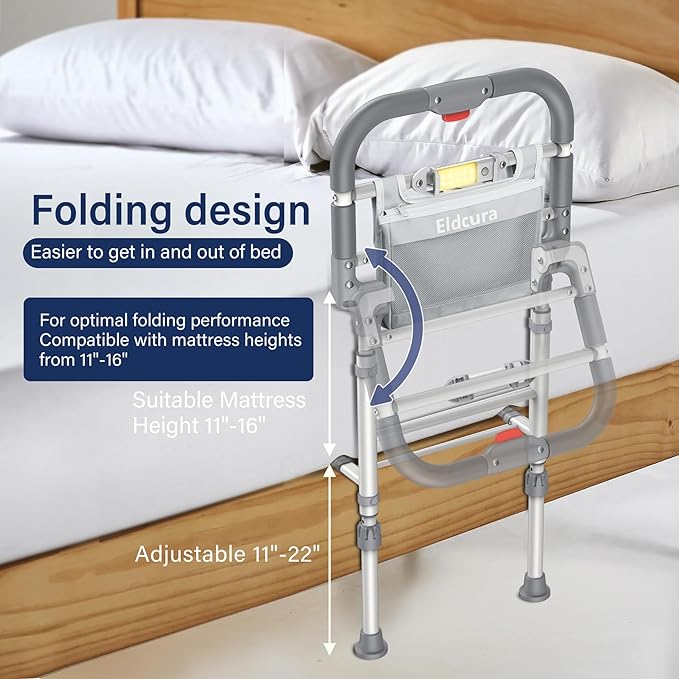 Foldable Bed Rails for Elderly Adults Safety - Heavy Duty Bed Rail for Seniors with Adjustable Height,Bed Side Rails with Motion Sensor Light and Storage Pocket,Fits King Queen Full Twin Beds,400LBS