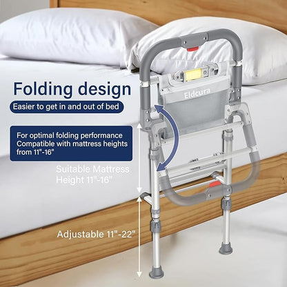 Foldable Bed Rails for Elderly Adults Safety - Heavy Duty Bed Rail for Seniors with Adjustable Height,Bed Side Rails with Motion Sensor Light and Storage Pocket,Fits King Queen Full Twin Beds,400LBS