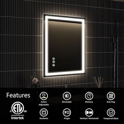 APRILSOUL 20x28 Inch LED Bathroom Mirror with Front and Backlit, Makeup Mirror with 3 Color Lights, Memory Function, Anti-Fog and Dimmable Light (Horizontal/Vertical)
