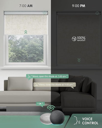 Yoolax Motorized Roller Shades, Blackout, Cordless, Smart Automation, Linen Beige, 42"W x 72"H, Remote Control Compatible with Alexa