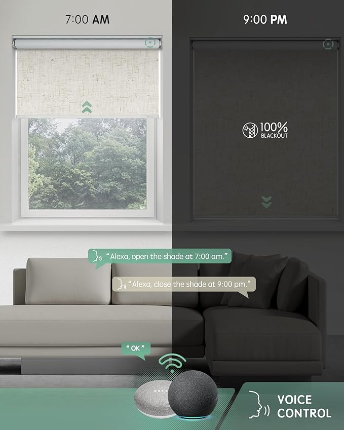 Yoolax Motorized Roller Shades, Blackout, Smart, Energy Efficient, Linen Beige, 26"W x 72"H, Compatible with Alexa