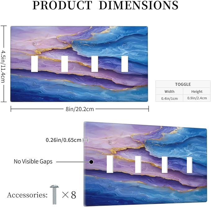 Decorative Light Switch Plate Covers Abstract Blue Purple Gold Marble Texture 4 Gang Light Switch Cover Plate Quad Toggle Wall Plate Outlet Covers Faceplate for Bathroon Kitchen Decor