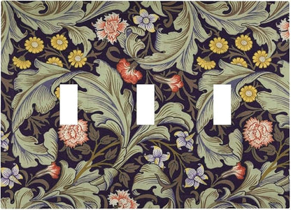 Boho William Morris Floral Green Leaves Flower Decorative Switch Plates 3 Gang Wall Plate Triple Toggle Light Switch Cover Faceplate Electrical Wall Panels for Farmhouse Home Decor