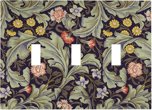 Boho William Morris Floral Green Leaves Flower Decorative Switch Plates 3 Gang Wall Plate Triple Toggle Light Switch Cover Faceplate Electrical Wall Panels for Farmhouse Home Decor