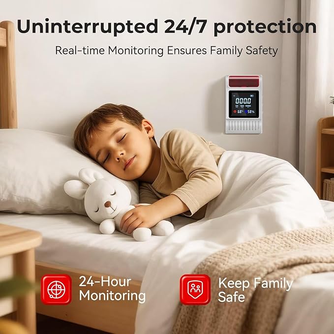 6-in-1 Smoke and Carbon Monoxide Detectors Plug in, Gas Leak Detector with Battery Backup Slot, Adjustable Brightness & Volume Levels, Smoke Alarm with Temp/Humidity for Home, RV, Travel(MR818,1-Pack)