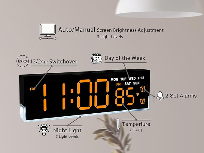 zyzamay 7-Inch Modern LED Digital Alarm Clock with Dual Alarms & Soft Bottom Light｜Displays Time, Date, Day, Temperature｜3-Level Auto/Manual Brightness,DST, USB or Battery Powered Desk Clock,Orange