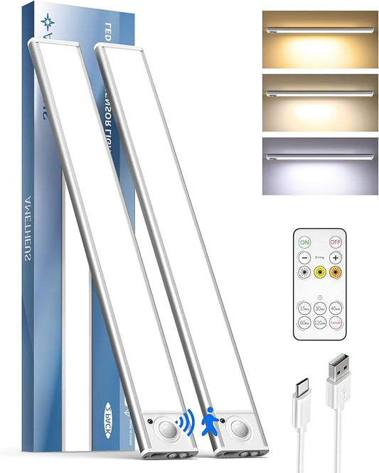 2Pack 12inch Under Cabinet Lighting, Rechargeable Motion Sensor Light Wireless Indoor, Dimmable 3 Color Temps Closet Lights with Remote, Under Counter LED Lights for Kitchen, Stairs