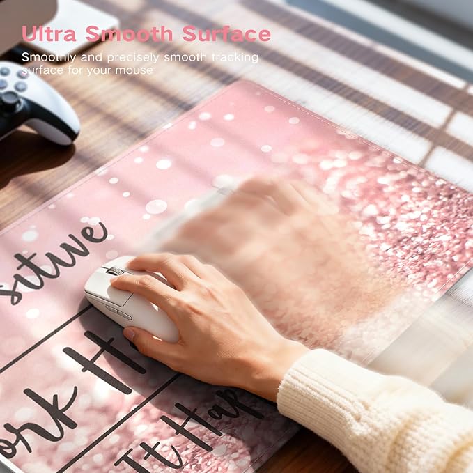 iCasso Heated Mouse Pad, Pink Mouse Pad, XL Aesthetic Heated Desk Pad with 4 Heating Levels for Computer Keyboard, 31.5" x 13" Large Mousepad for Home Office Work (Pink Stay Positive)
