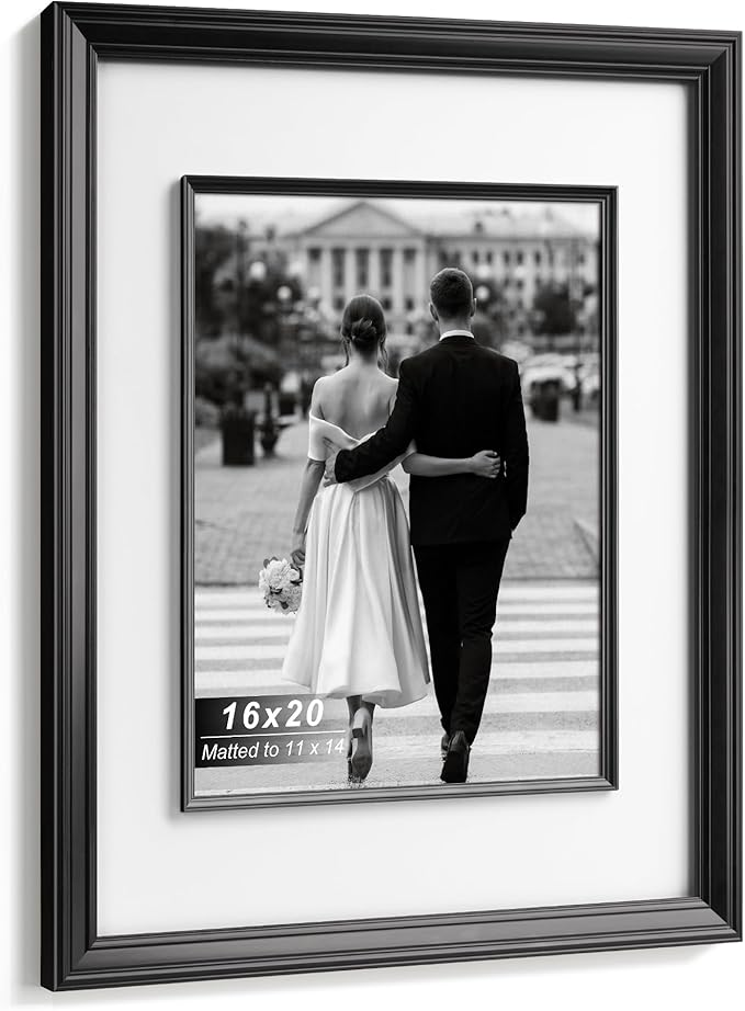 Yaetm 16x20 Black Picture Frame with Decorative Inner Frame & Tempered Glass, Display 11x14 Photos with Mat on Wall - Portrait or Landscape - Ideal for Office & Home Décor (Black, 2 Pack)