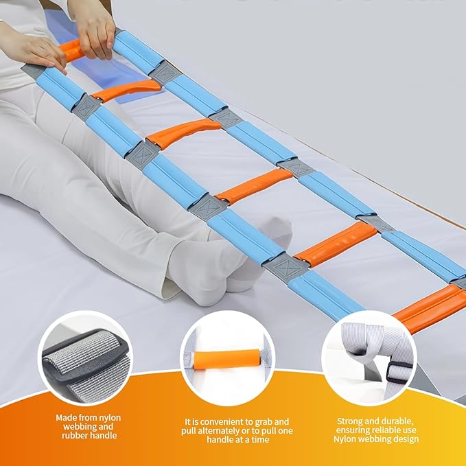 Bed Ladder Assist with Soft Handle Grips Assist Device with Handle Strap Sit Up Hoist Adjustable Length Assistant to Get Out of Bed for Seniors Handicapped Injured（Blue）