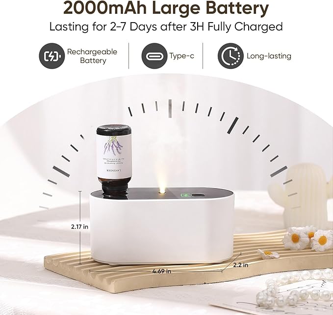 Waterless Diffuser for Essential Oil, Battery Operated Scent Air Aromatherapy Diffuser, Mini Aroma Diffusers with 3 Intermittent Mist Modes, Cycle Start for 400-700 sq.ft Home Office Bedroom