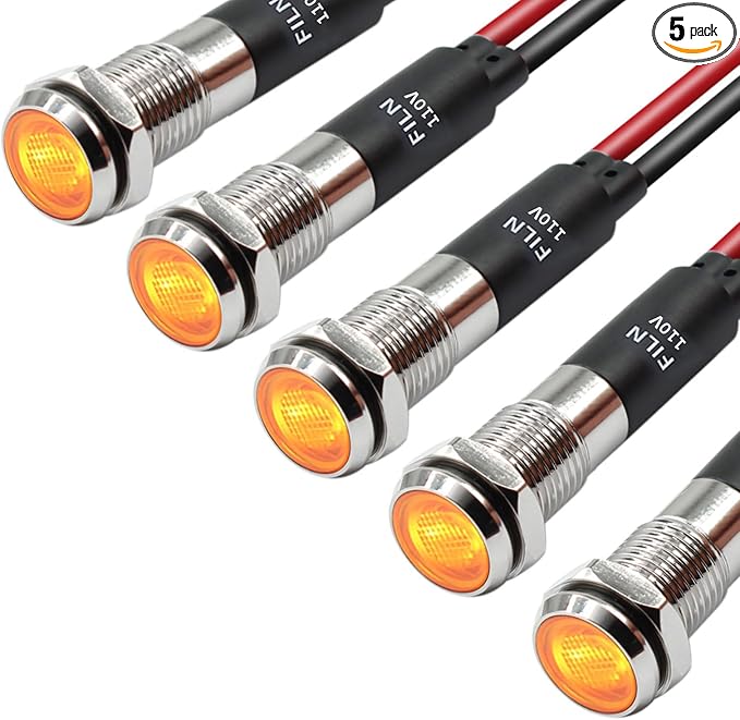 5Pcs 8MM (5/16'') Indicator Light led Indicator 110V 220V Metal Pilot Lamp Lights Aluminum Black Anodized Waterproof ip67 Red Signal Lamp Light(110V-Brass Nickel Plated-Yellow 5Pcs)