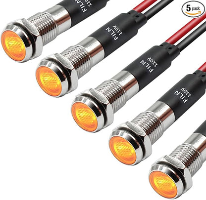 5Pcs 8MM (5/16'') Indicator Light led Indicator 110V 220V Metal Pilot Lamp Lights Aluminum Black Anodized Waterproof ip67 Red Signal Lamp Light(110V-Brass Nickel Plated-Yellow 5Pcs)