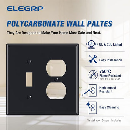 Combination Wall Plate ELEGRP 1-Toggle Light Switch 1-Duplex Receptacle Outlet Combination Wall Plate Cover, Mid-Size 4.88" x 4.94" Unbreakable Thermoplastic Faceplate Cover, UL Listed (2 Pack, black)