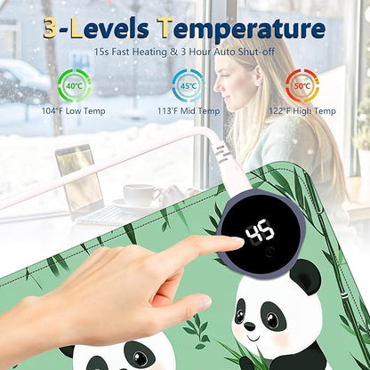 Heated Mouse Pad with 3 Temperature Settings(104°F–122°F),Large 24x14.2 Inch PU Leather Heated Desk Mat,Waterproof Warming Pad for Office,Gaming & Cold Hands Relief,Cute Three Pandas
